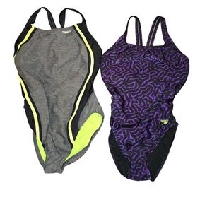 2 Speedo Swimsuit One Piece Athletic Training Purple Gray Size 12‎ 00050
